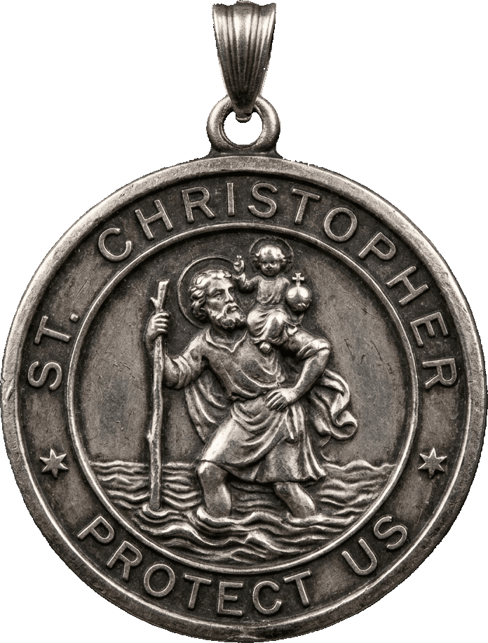 St. Christopher medal — patron of travelers, protect the drivers
