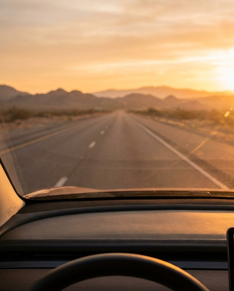 A long-haul driver's hands on the wheel, open highway ahead at golden hour