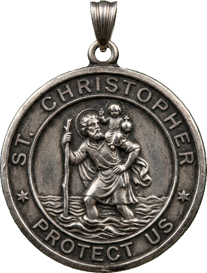 St. Christopher medal — patron of travelers, protect the drivers