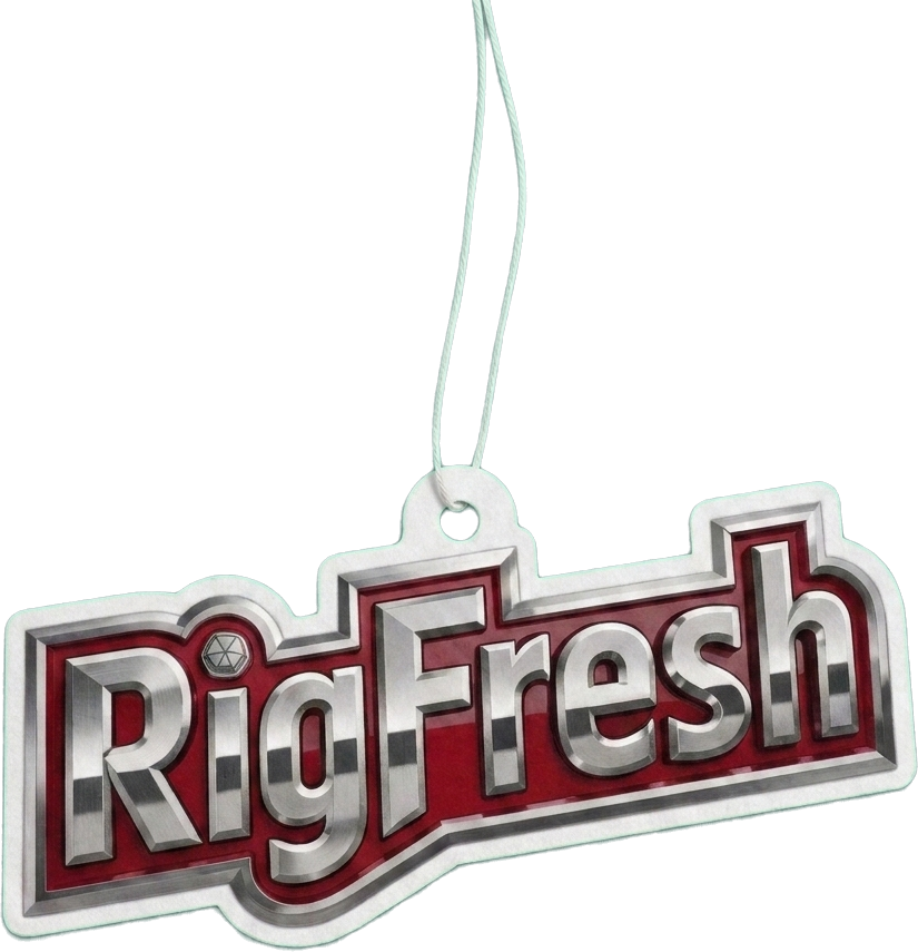 The RigFresh logo as a custom die-cut air freshener, hung for the mirror